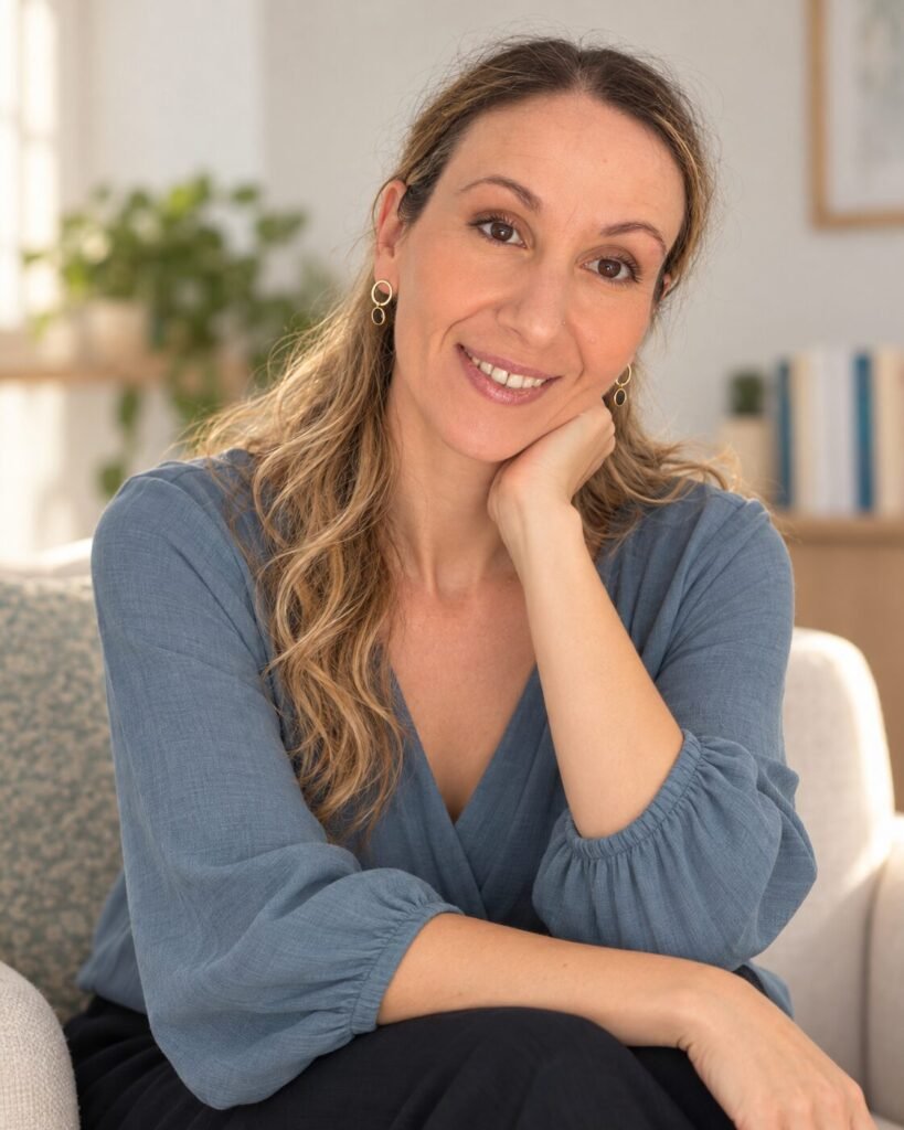 Pilar Puente Martínez, psicóloga en Málaga, sentada en un sofá